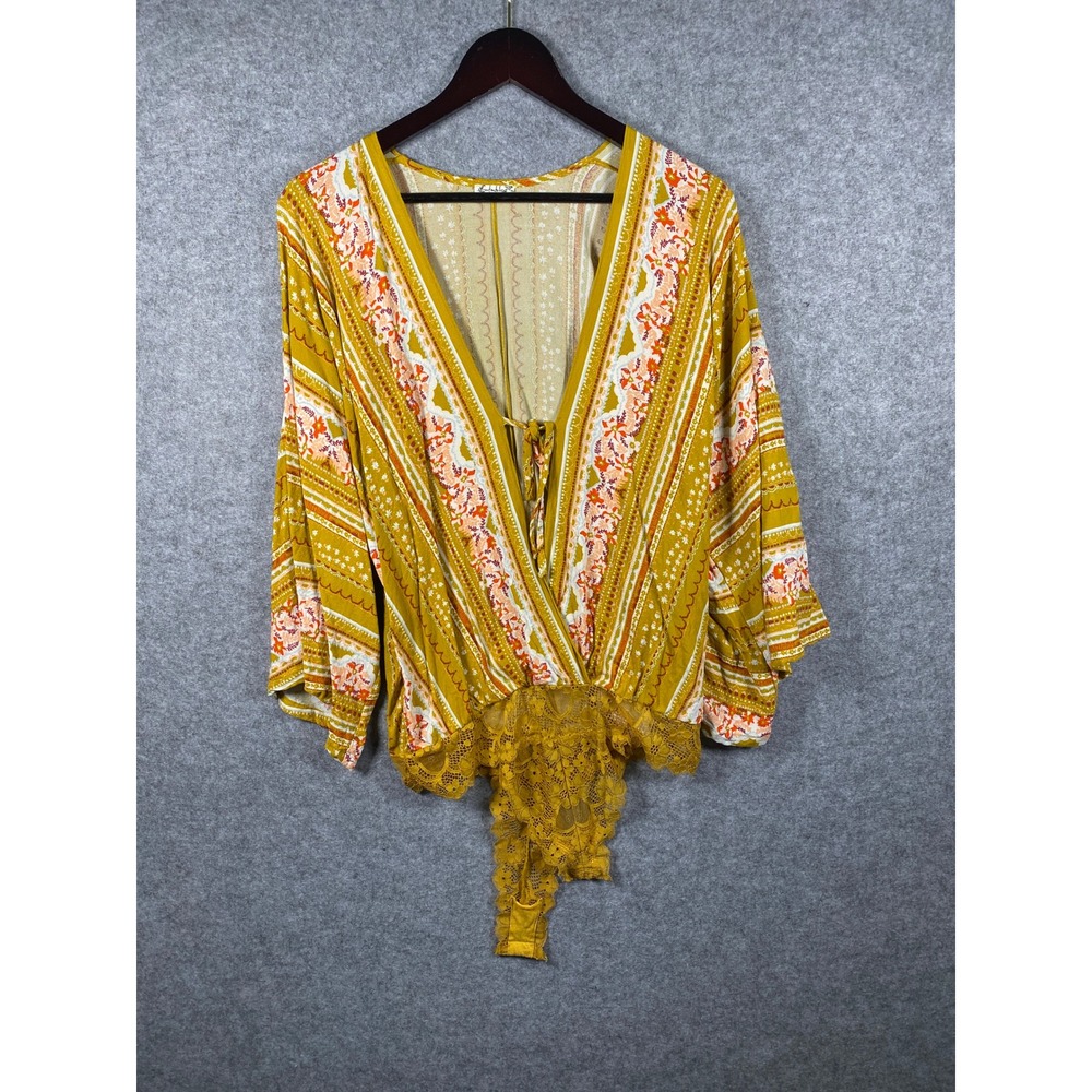 Intimately Free People Mustard Yellow Floral Boho Wrap Bodysuit Lace Trim Medium